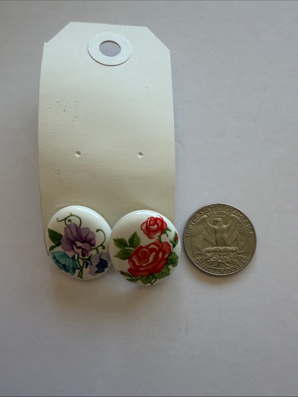 Vintage Porcelain Floral Button Earrings — Red & Purple Roses
